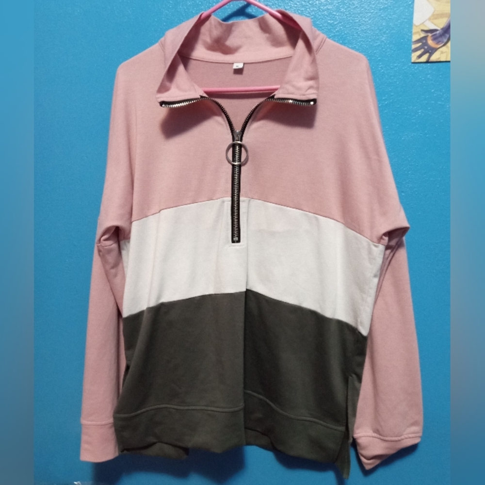RQYYD Women's Thin Color Block Pullover Front ZipperWith Metal Hoop Size XL
